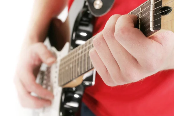 Camisa Vermelha Masculina Tocando Música Guitarra Elétrica — Fotografia de Stock