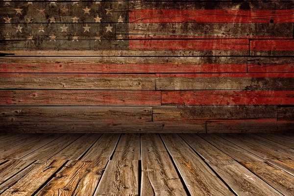 Wooden American Vintage Stage Background Stage Painted Aged American Flag — Stock Photo, Image