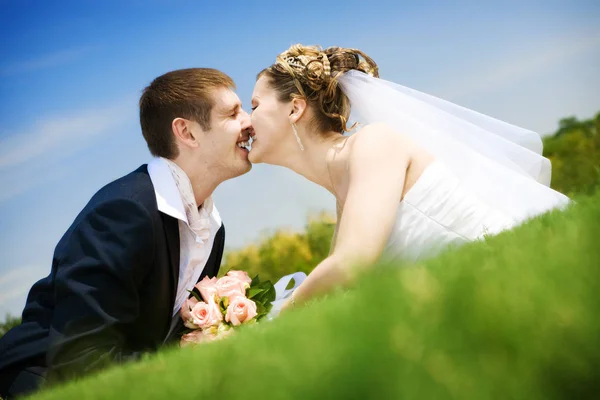 Поцелуи Жениха Невесты Парке — стоковое фото