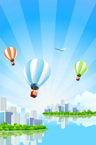 Business City Island Com Nuvens Raios Água Balões Quente Avião — Fotografia de Stock