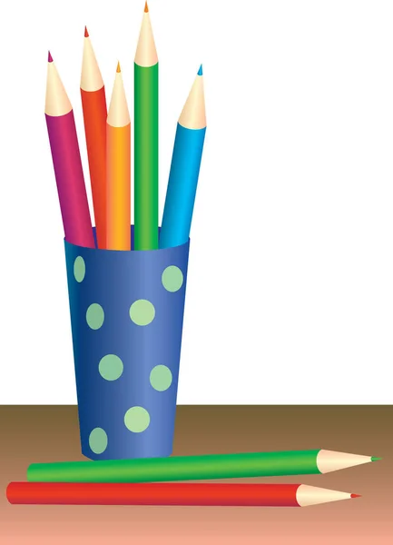Színes Ceruzák Kék Üvegben Üvegállvány Asztalon Két Ceruza Fekszik Üveg — Stock Fotó