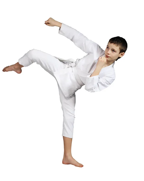 Karate Boy Ejercitándose Sobre Fondo Blanco — Foto de Stock