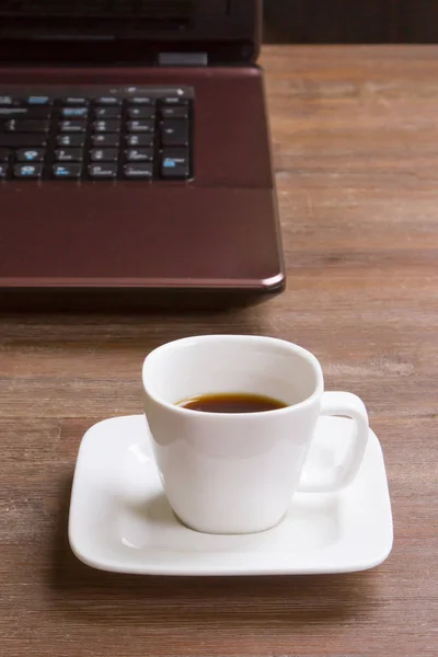Καφές Espresso Ξύλινο Πάτωμα Laptop — Φωτογραφία Αρχείου