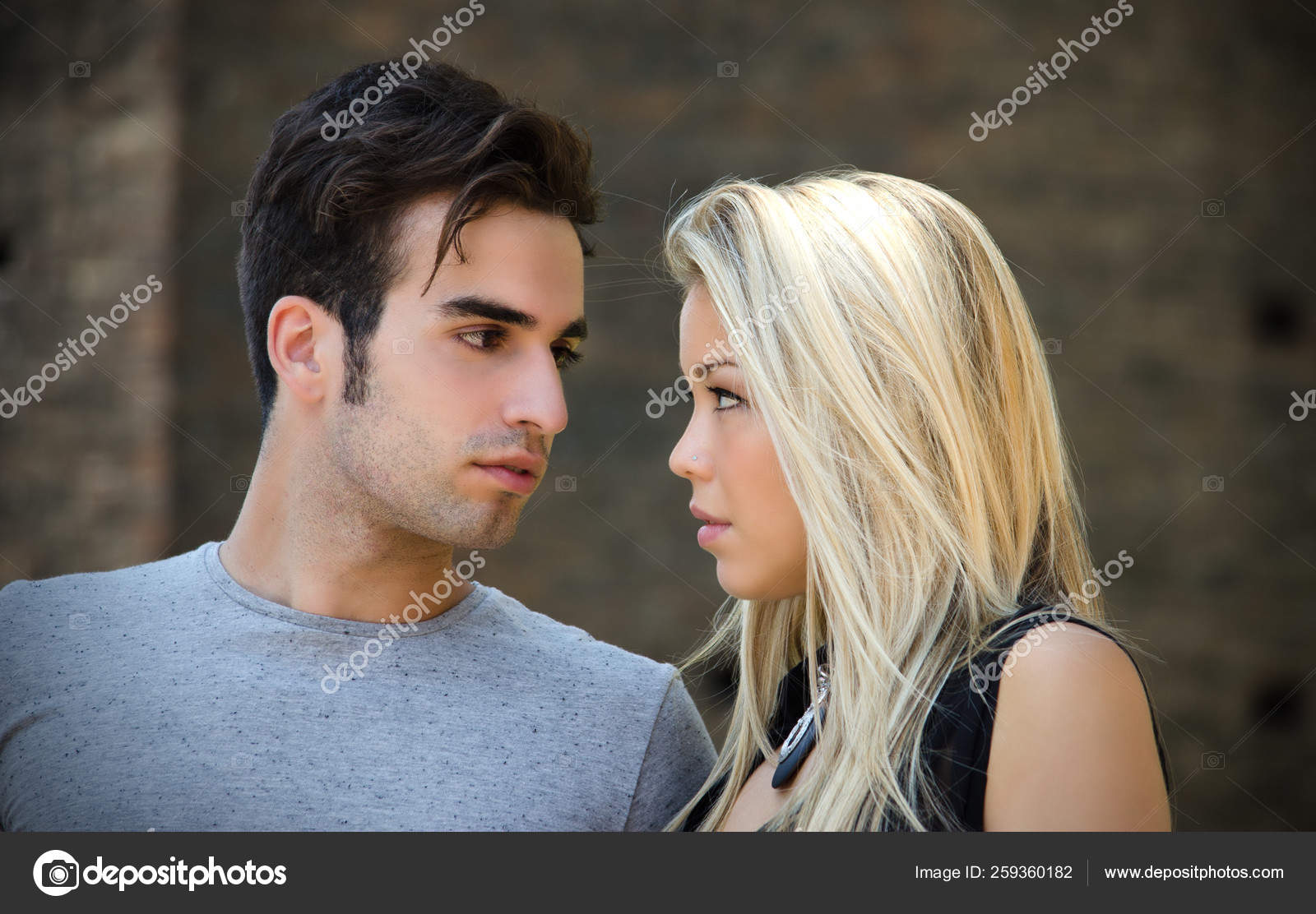 Attractive Couple Love Looking Each Other Eyes Blonde Girl Brown