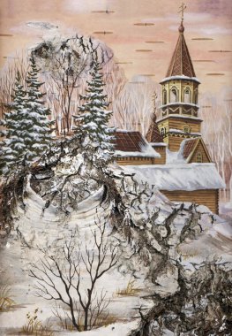 Picture, landscape with church. Drawing distemper on a birch bark clipart