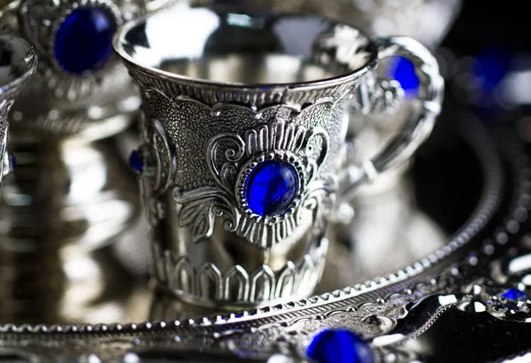 Close View Silver Set Cup Silver Tray — стоковое фото