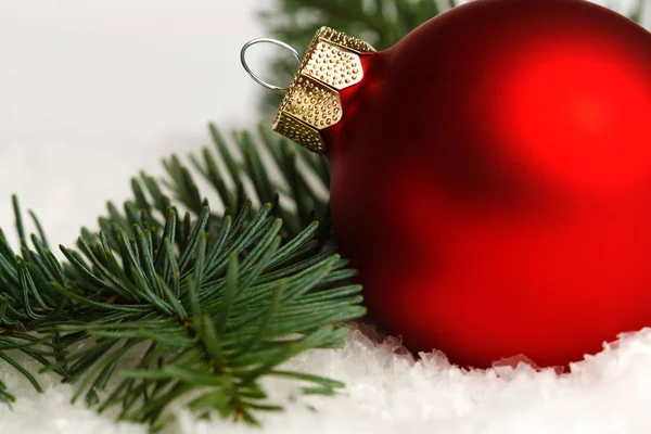 赤いクリスマスボール 雪のモミの枝 白い背景に隔離 — ストック写真