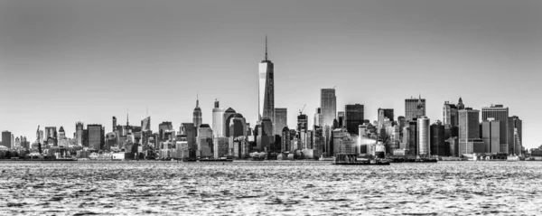 New York City Manhattan Downtown Skyline Skymningen Med Skyskrapor Upplyst — Stockfoto