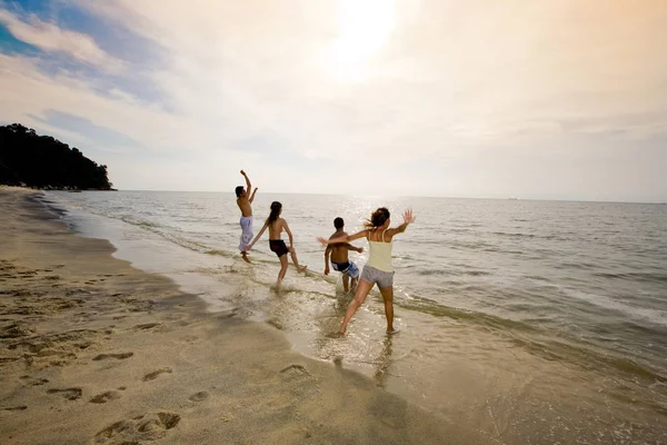 Playa Puesta Sol Con Grupo Amigos Que Divierten Saltando —  Fotos de Stock
