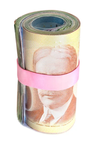 Vista Frontal Rollo Billetes Envueltos Con Una Banda Elástica Rosa — Foto de Stock