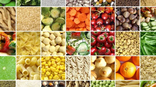 Colagem Alimentos Incluindo Fotos Legumes Frutas Massas Muito Mais Proporção — Fotografia de Stock