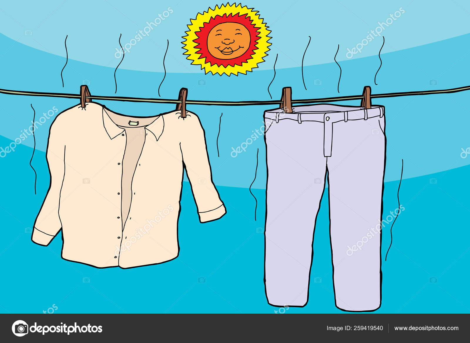 Damp Clothes Clothesline Drying Smiling Sun Stock Illustration by