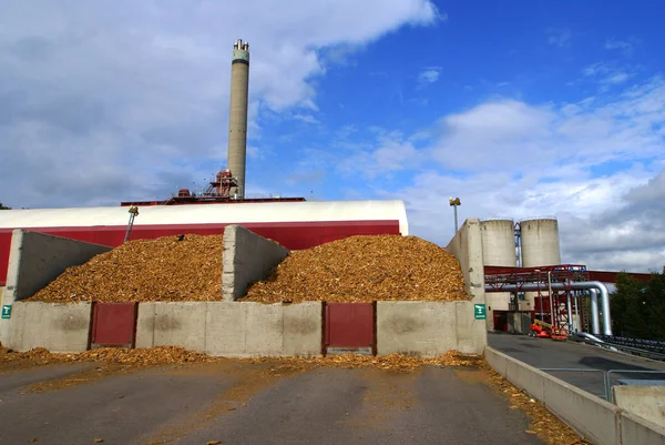 Biokraftverk Med Lagring Träbränsle Mot Blå Himmel — Stockfoto