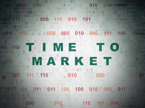 タイムラインの概念 バイナリ コードでデジタルのデータ用紙の背景に緑のテキスト市場への時間を描いた — ストック写真