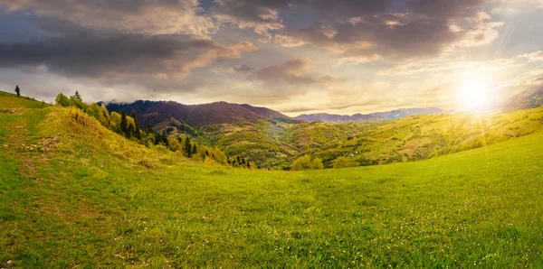 日没の光の中で丘の中腹に花を持つ農業牧草地の後ろの山の村 — ストック写真