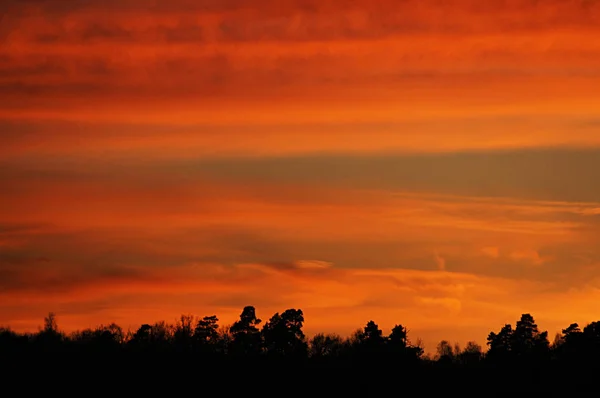 Vakker Rød Gul Solnedgang Med Bakke Foran – stockfoto