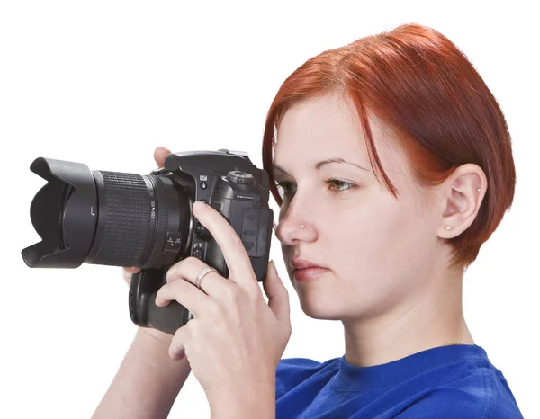 Portrait Redheaded Girl Photographer Isolated White Background — Stock Photo, Image