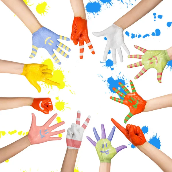 Painted Children Hands Different Colors Smilies — Stock Photo, Image