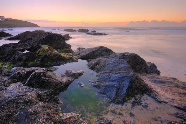 Hermosa Puesta Sol Junto Océano Newquay Cornwall Reino Unido — Foto de Stock