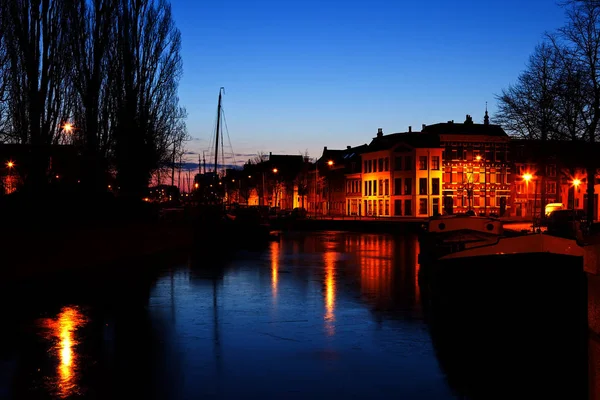 Barco Barcos Canal Congelado Por Noche Holanda — Foto de Stock