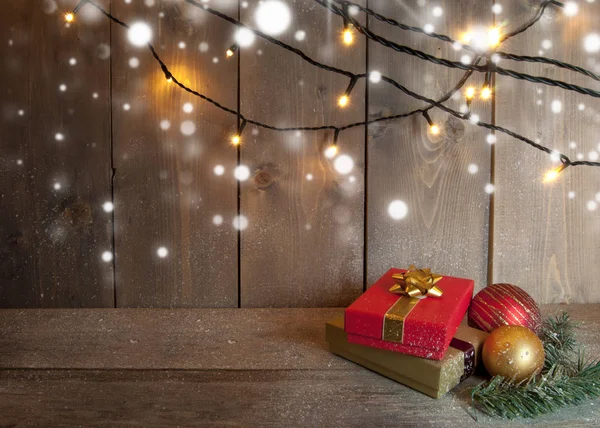 Regalos Navidad Luces Decorativas Sobre Fondo Madera Con Espacio — Foto de Stock