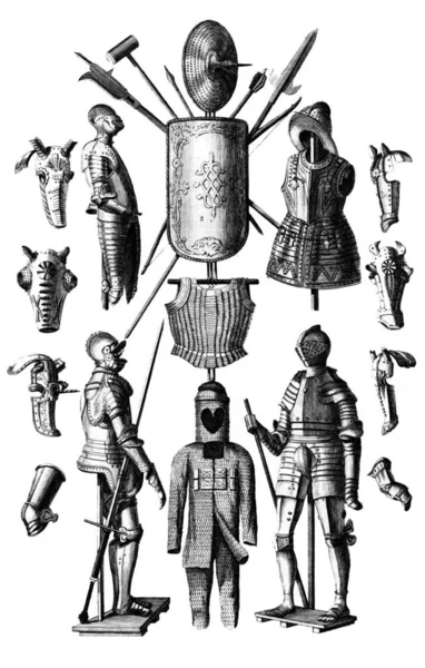 中世纪马和人体盔甲的西装与武器的插图 孤立在白色背景 弗朗西斯 戈斯在 英格兰和威尔士的古物 1783 一书中出版 基于年龄的公有领域形象 — 图库照片