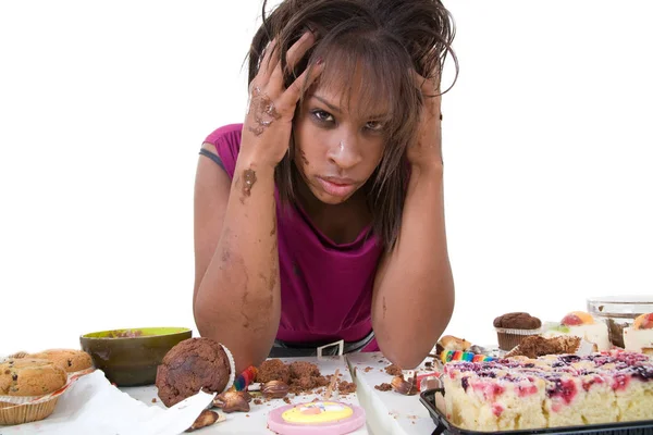 Pretty Black Woman Looking Desperate Having Had Eating Binge — Stock Photo, Image