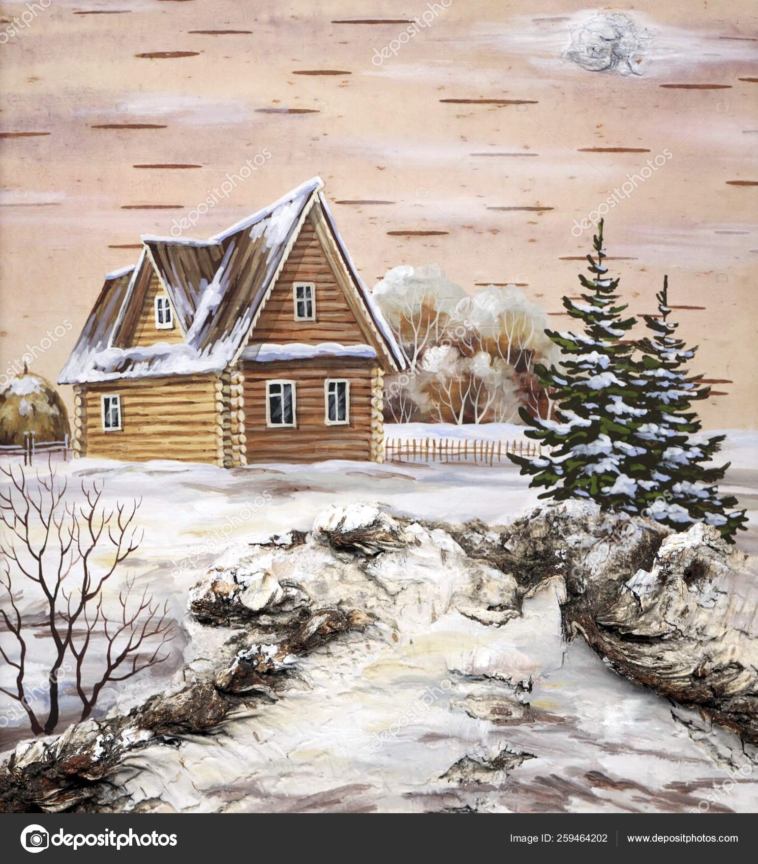 Landscape House Forest Drawing Distemper Birch Bark Stock Photo
