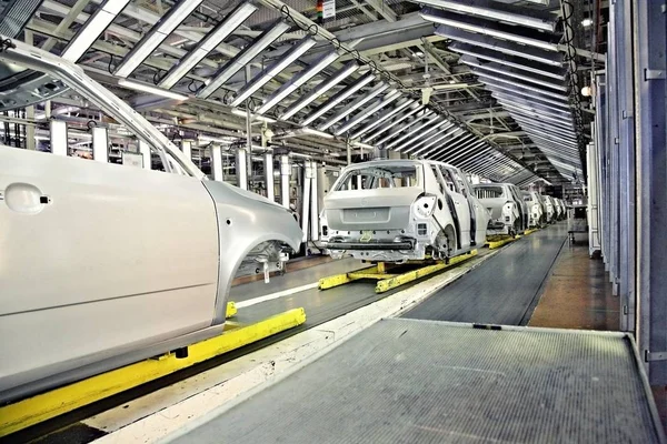 Auto Een Rij Autofabriek Gemonteerd — Stockfoto