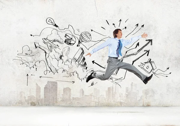 Imagen Hombre Negocios Salto Sobre Fondo Boceto — Foto de Stock