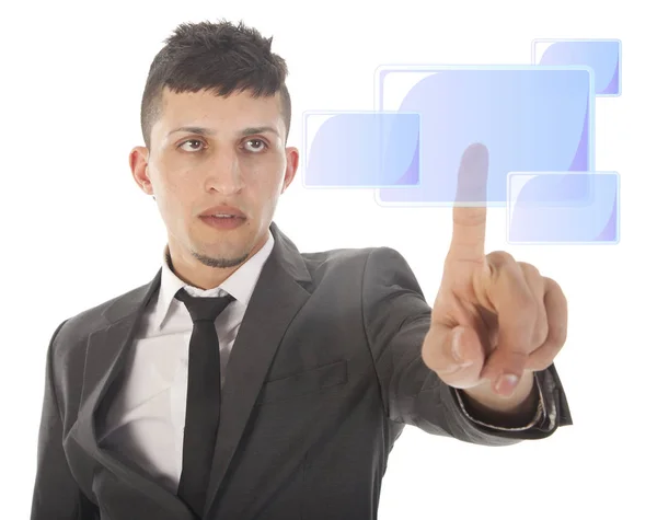 Junger Mann Drückt Virtuellen Knopf Isoliert Auf Weißem Hintergrund — Stockfoto