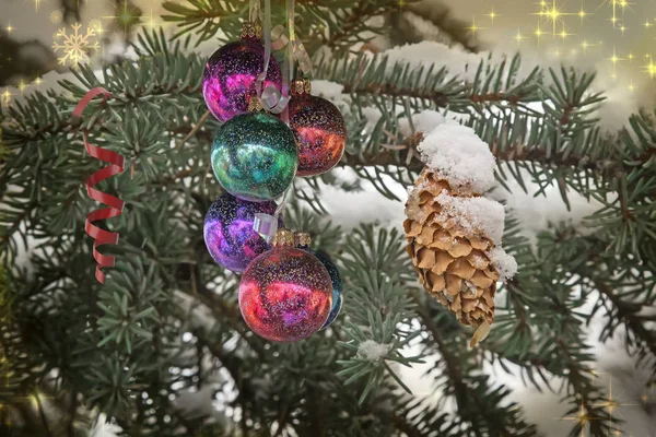 Branches Spruce Covered Snow Hanging Christmas Ornaments Cones — Stock Photo, Image