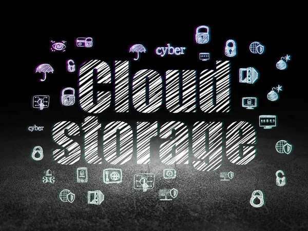 Concepto Seguridad Almacenamiento Nube Texto Brillante Iconos Seguridad Dibujados Mano —  Fotos de Stock