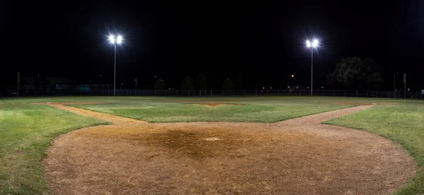 Panorama Noite Foto Campo Beisebol Vazio Noite Com Luzes Acesas — Fotografia de Stock