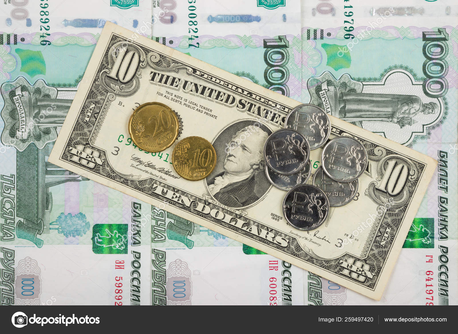 Rubel Und Euro Stehen Auf Dem Zehn Dollar Schein Der Stockfoto C Yayimages