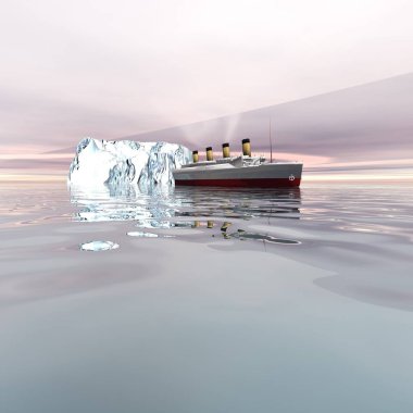 The beautiful ocean liner near icebergs in the north Atlantic ocean. clipart