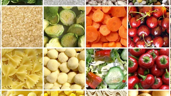 Colagem Alimentos Incluindo Fotos Vegetais Frutas Massas Muito Mais Proporção — Fotografia de Stock