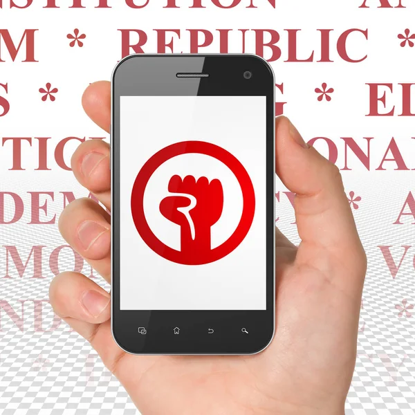 Politikai Koncepció Kéz Holding Smartphone Piros Felkelés Ikon Látható Címkefelhő — Stock Fotó