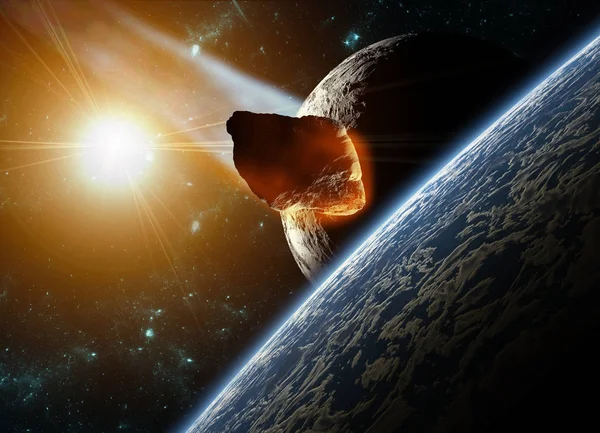 宇宙で地球上の小惑星の攻撃流星の影響の抽象的なイラスト — ストック写真