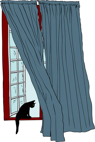 Illustration Isolée Dessinée Main Fenêtre Battants Ouverts Chat Regardant Dessus — Photo