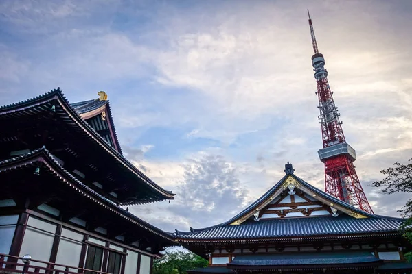 Templo Zojo Torre Tokio Atardecer Japón — Foto de Stock