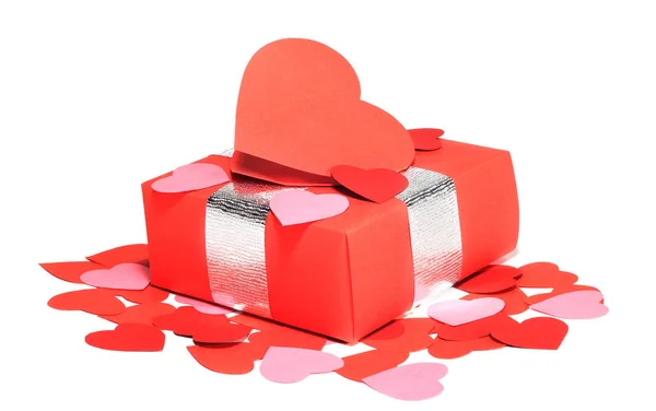 Dia Dos Namorados Presente Caixa Vermelha Cartão Forma Coração Isolado — Fotografia de Stock