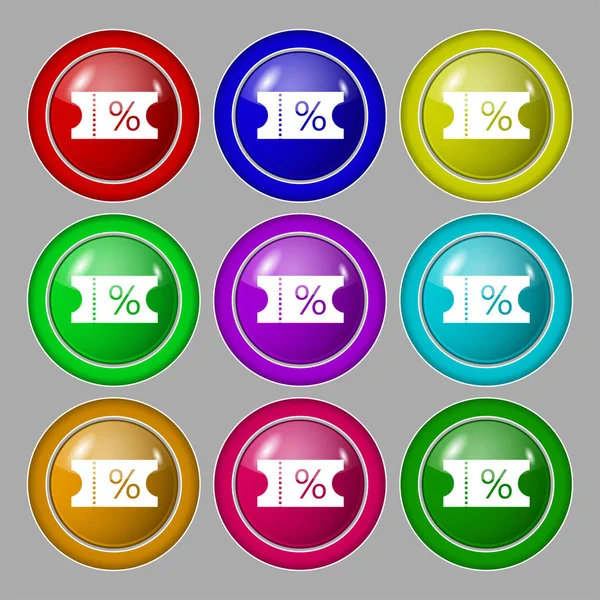 Sinal Ícone Desconto Bilhete Símbolo Nove Botões Coloridos Redondos Ilustração — Fotografia de Stock