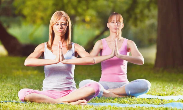 Zwei Schöne Frauen Meditieren Park — Stockfoto