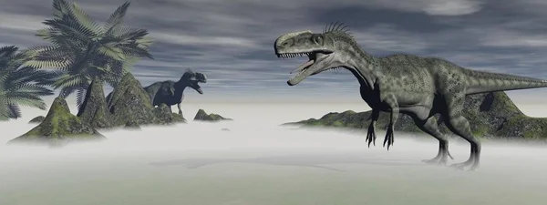 Dos Dinosaurios Monolofosaurios Que Están Confrontación Medio Paisaje Montañoso — Foto de Stock