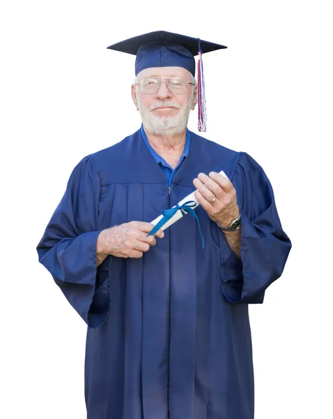 Orgoglioso Senior Adulto Laureato Cap Gown Holding Diploma Isolato Uno — Foto Stock