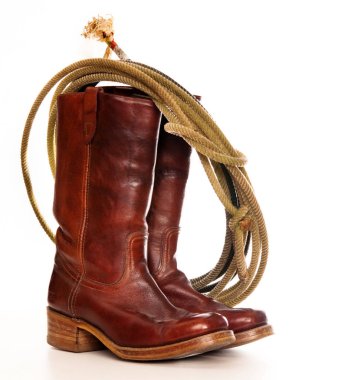 vertical image of a pair of brown cowboy boots and a Lasso on a white background clipart