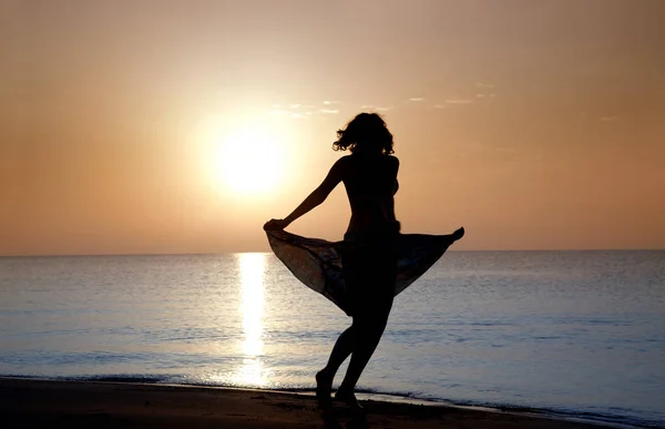 Silhouette Femme Robe Déplaçant Plage Coucher Soleil Darnkess Naturel Les — Photo