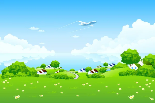 Zielony Krajobraz Samolotu Chmury Wody Domy — Zdjęcie stockowe