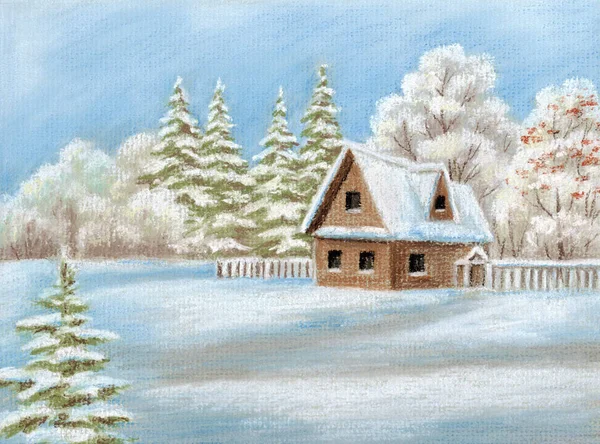 House Winter Forest Picture Pastel Hand Draw Paper — Stock Photo, Image